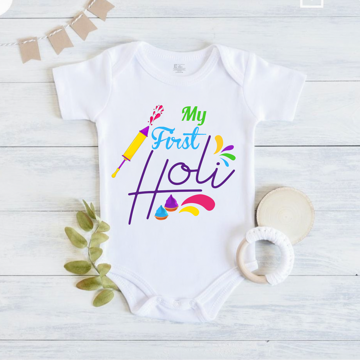 New Born & Baby Clothing | Baby My First Holi | Soft Cotton White Onesies
