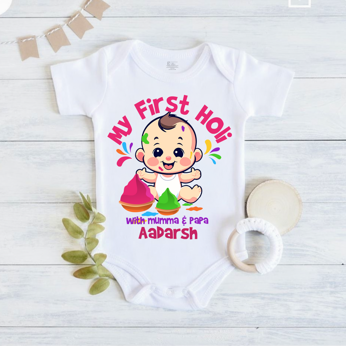 New Born & Baby Clothing | Baby My First Holi Dress with Customized Baby Name White Dress | Soft Cotton