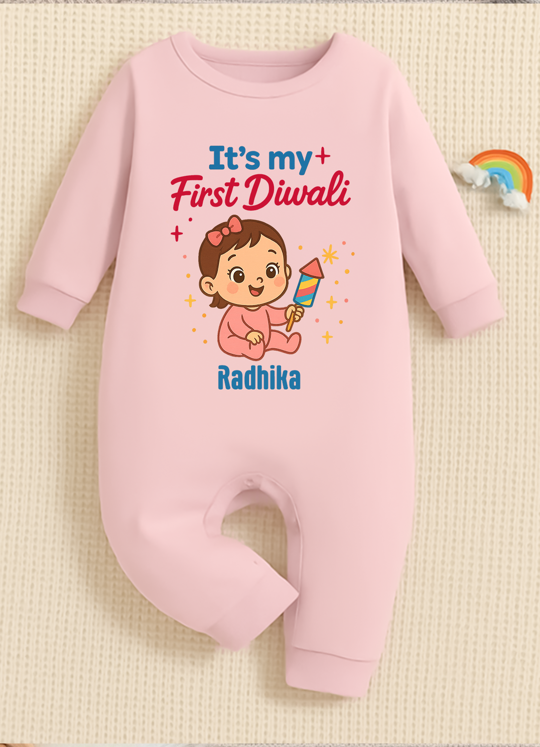 My First Diwali With Customized Baby Girl Name _ Full Pink Romper