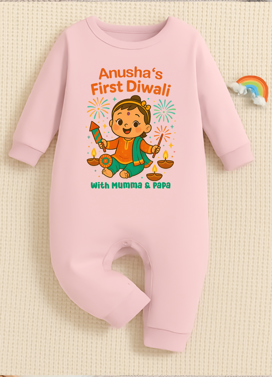 My First Diwali With Mumma & Papa With Customized Baby Girl Name _ Full Pink Romper