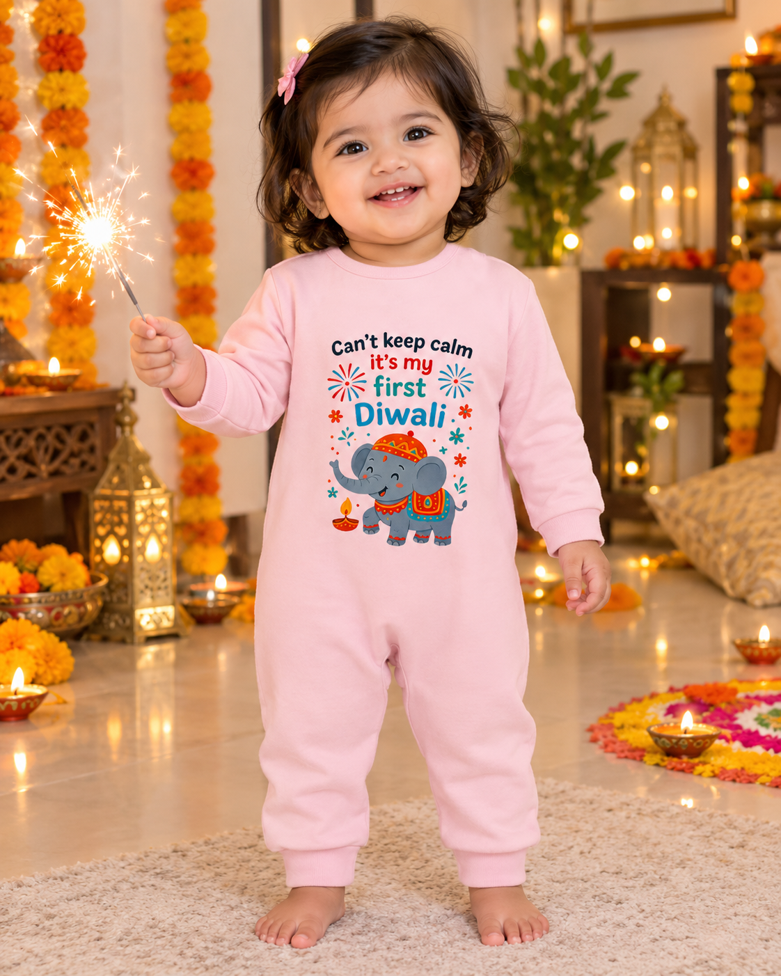 Can't Keep Calm It's My First Diwali _ Full Pink Romper