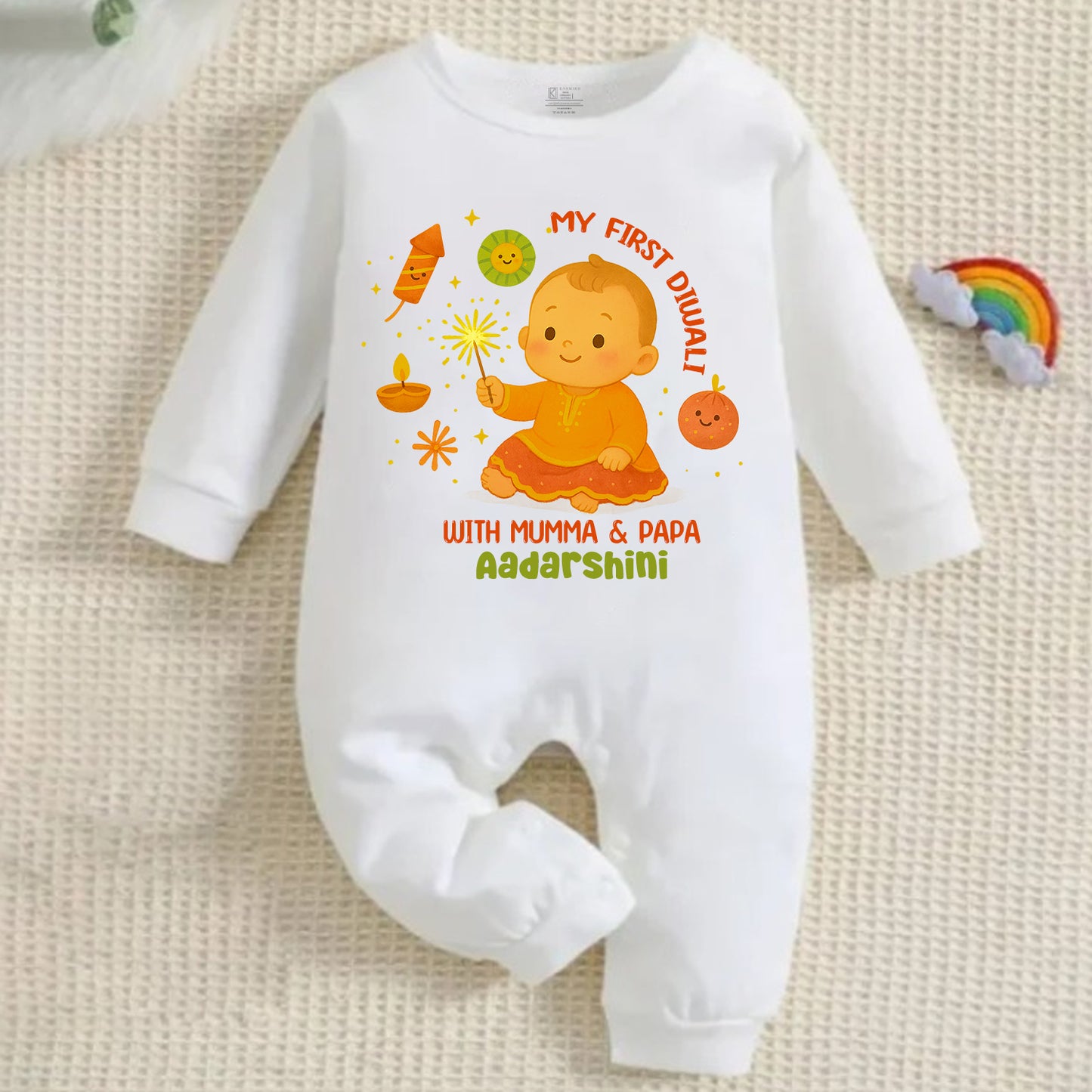 My First Diwali With Mumma & Papa Customized Baby Name _ Full White Romper