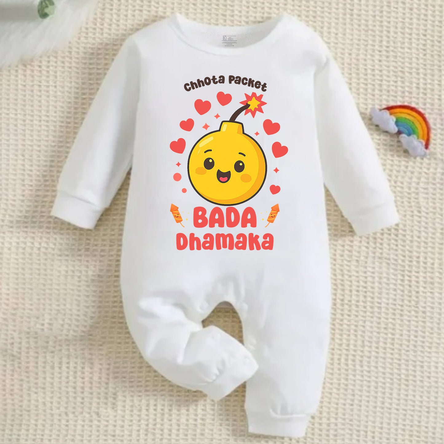 Chhota Packet Baada Dhamaka Customized Baby Name _ Full White Romper