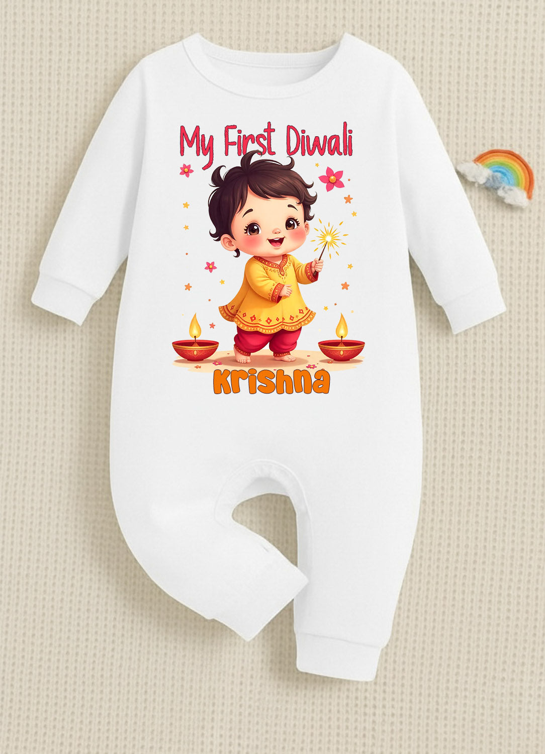 My First Diwali With Customized Baby Name 6 _ Full White Romper
