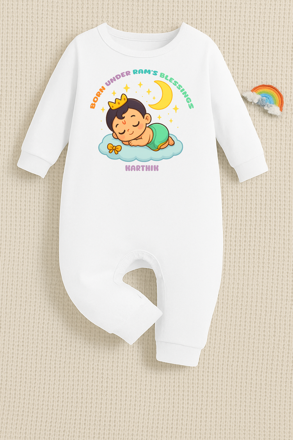 New Born & Baby Clothing | Born Under Ram's Blessings Customized Baby Boy Name White Romper | Soft Cotton