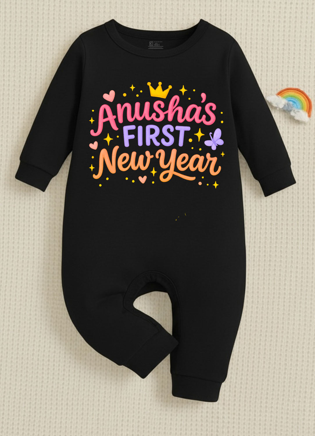 Anusha's First New Year With Customized Baby Name _ Full Black Romper