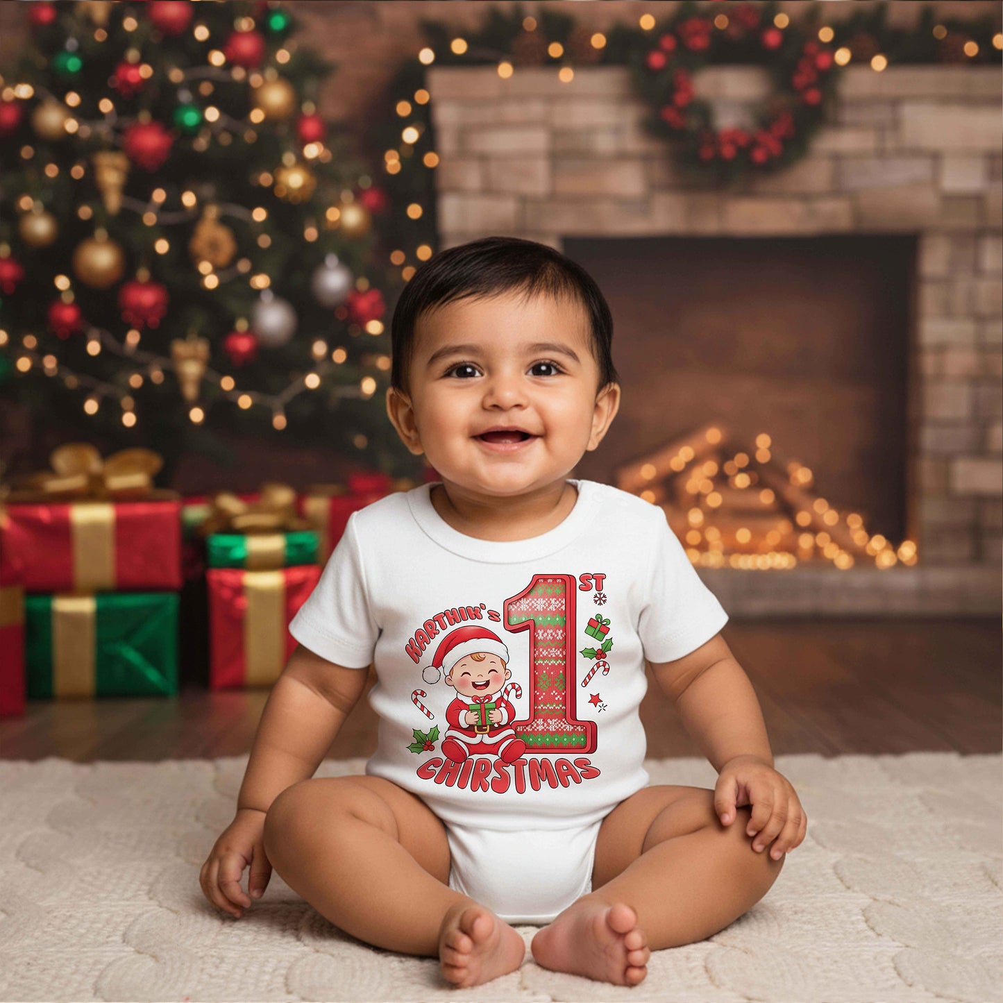 Karthik's First Christmas 02 _ White Onesies