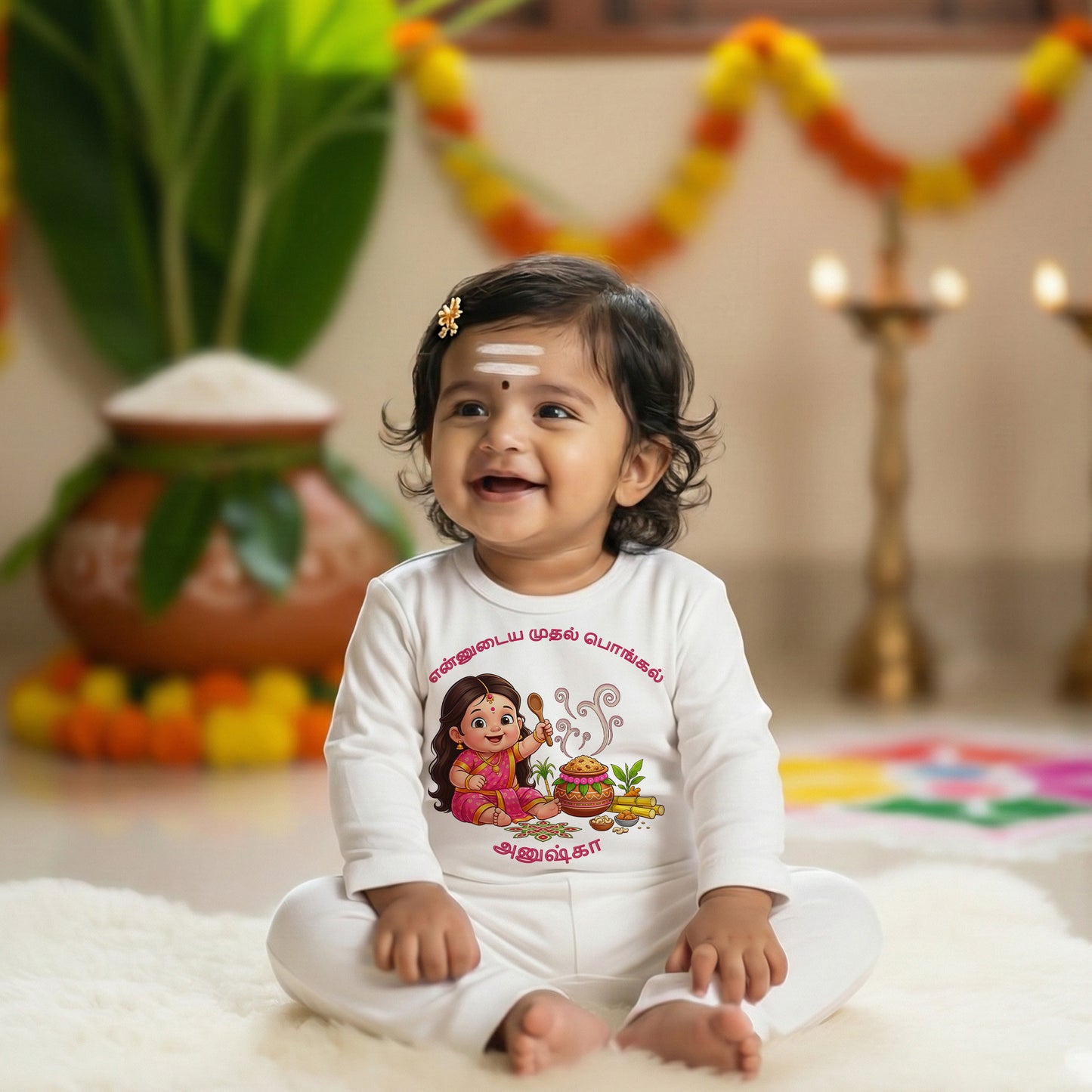 Personalized baby romper for first Pongal made with soft cotton white romper with baby name