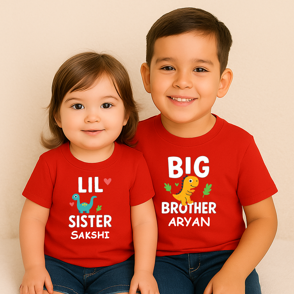 Combo pack of Big Brother, Little Sister with Customised Name_ Red Tees