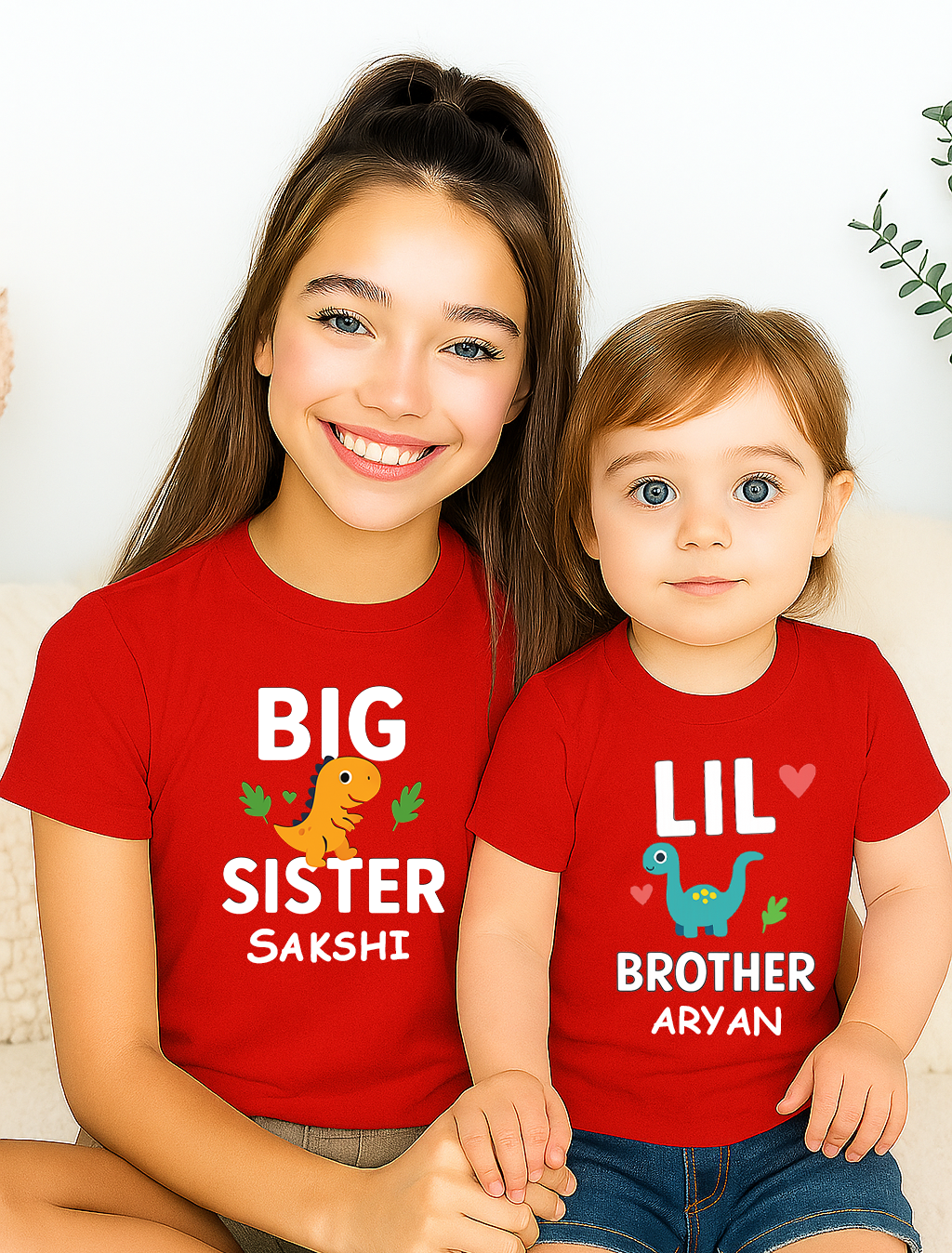 Combo pack of Big Sister, Little Brother with Customised Name_ Red Tees