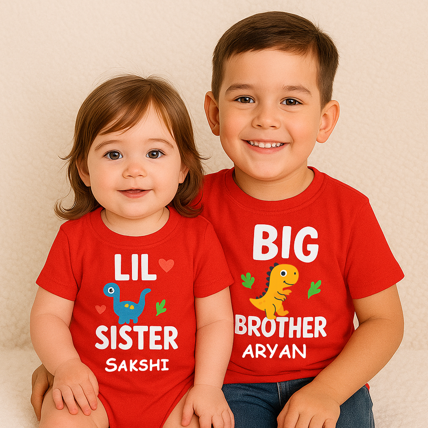 Combo pack of Big Brother, Little Sister with Customised Name_ Red Tees & Onesie