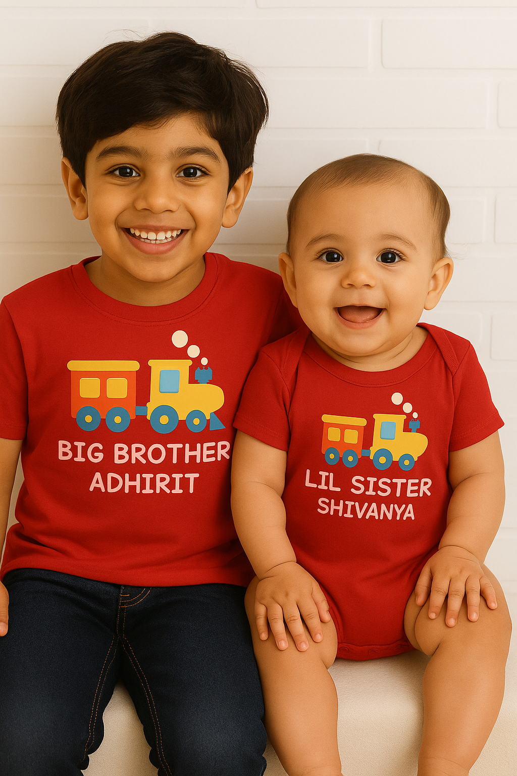 Combo pack of Big Brother, Little Sister cute train design with Customised Name_ RedTees & Onesie