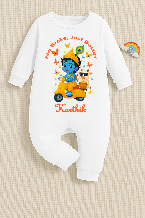 No Brake just butter with customised baby name_ White Full Romper