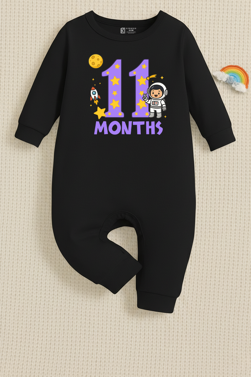 11th Infant monthly birthday Combo with customized name Space Astronaut 12 Months of Love_ Black Full onesies