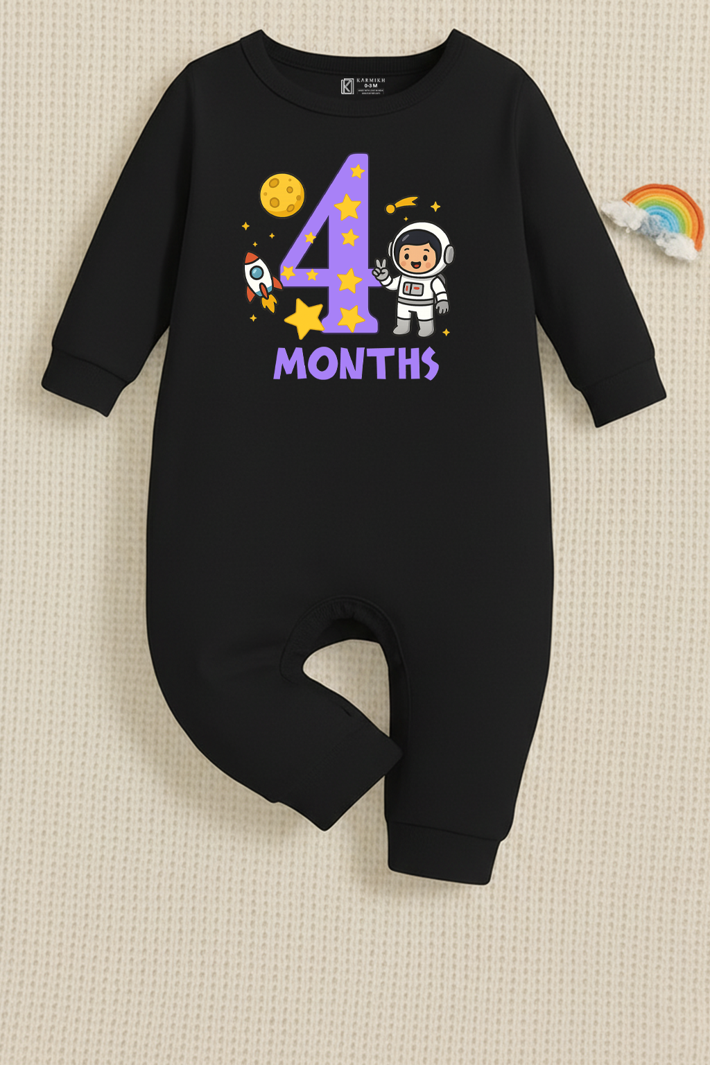 4th Infant monthly birthday Combo with customized name Space Astronaut 12 Months of Love_ Black Full onesies