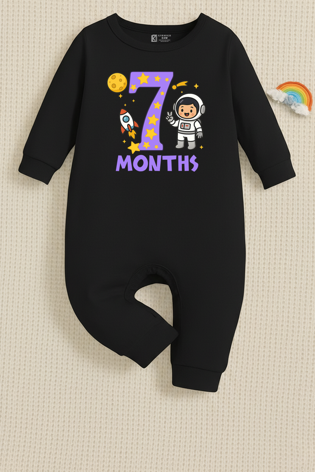 7th Infant monthly birthday Combo with customized name Space Astronaut 12 Months of Love_ Black Full onesies