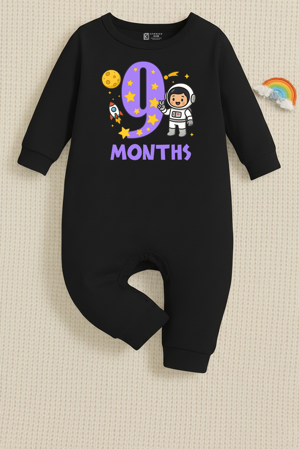 9th Infant monthly birthday Combo with customized name Space Astronaut 12 Months of Love_ Black Full onesies