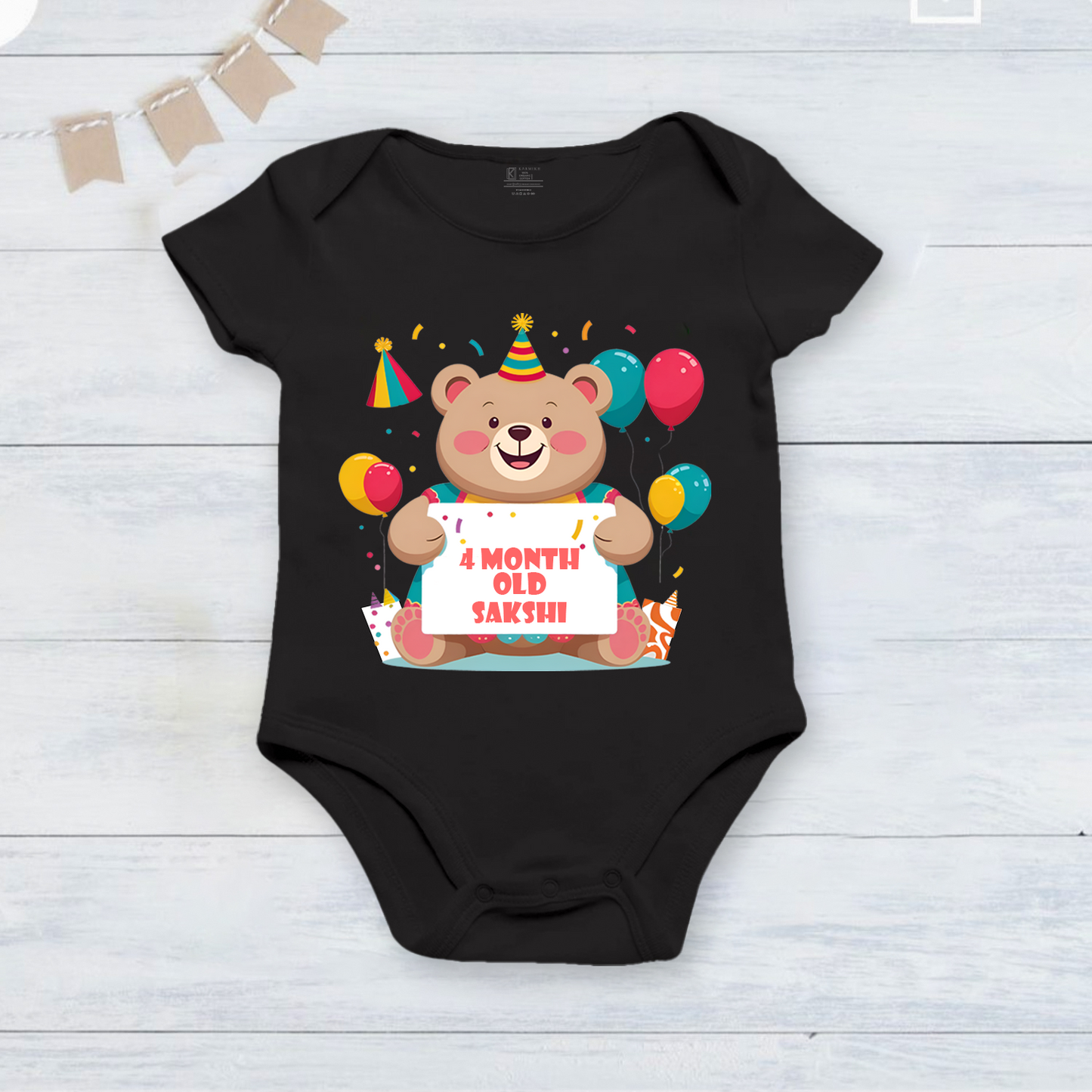 4th Infant monthly birthday_ With Customized Baby Name Black Onesies