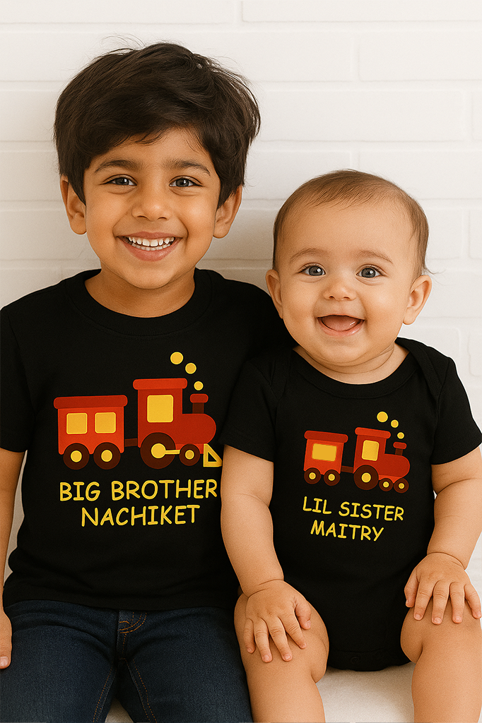 Combo pack of Big Brother, Little Sister cute train design with Customised Name_ Black Tees & Onesie
