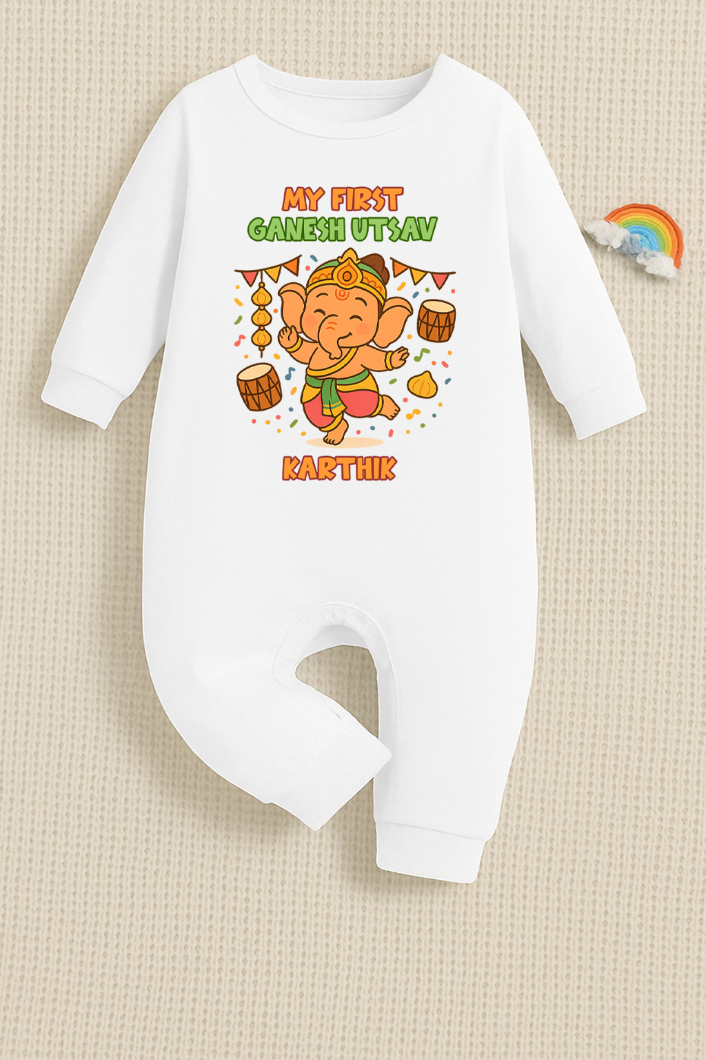 My First Ganesh Utsav with customised name_ Full White Romper