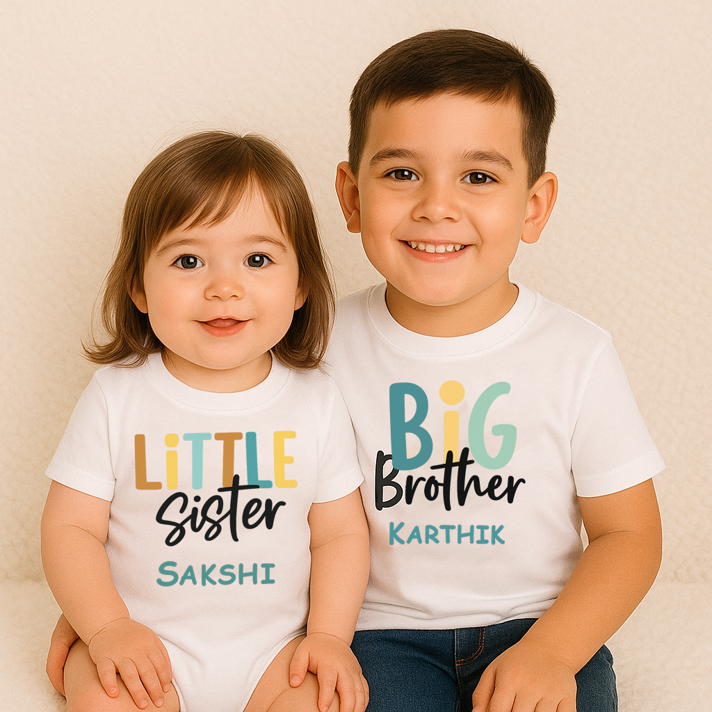 Combo pack of Little Sister, Big Brother with Customised Name_ White Tees & Romper
