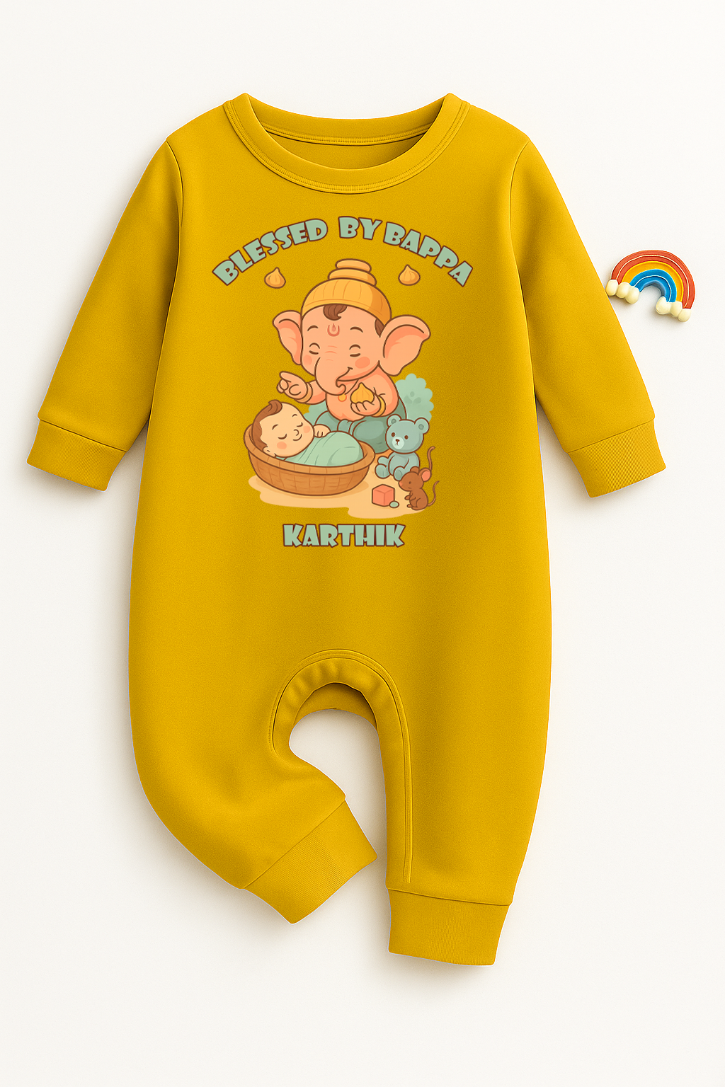 Blessed By Bappa with customised name_ Full Yellow Romper