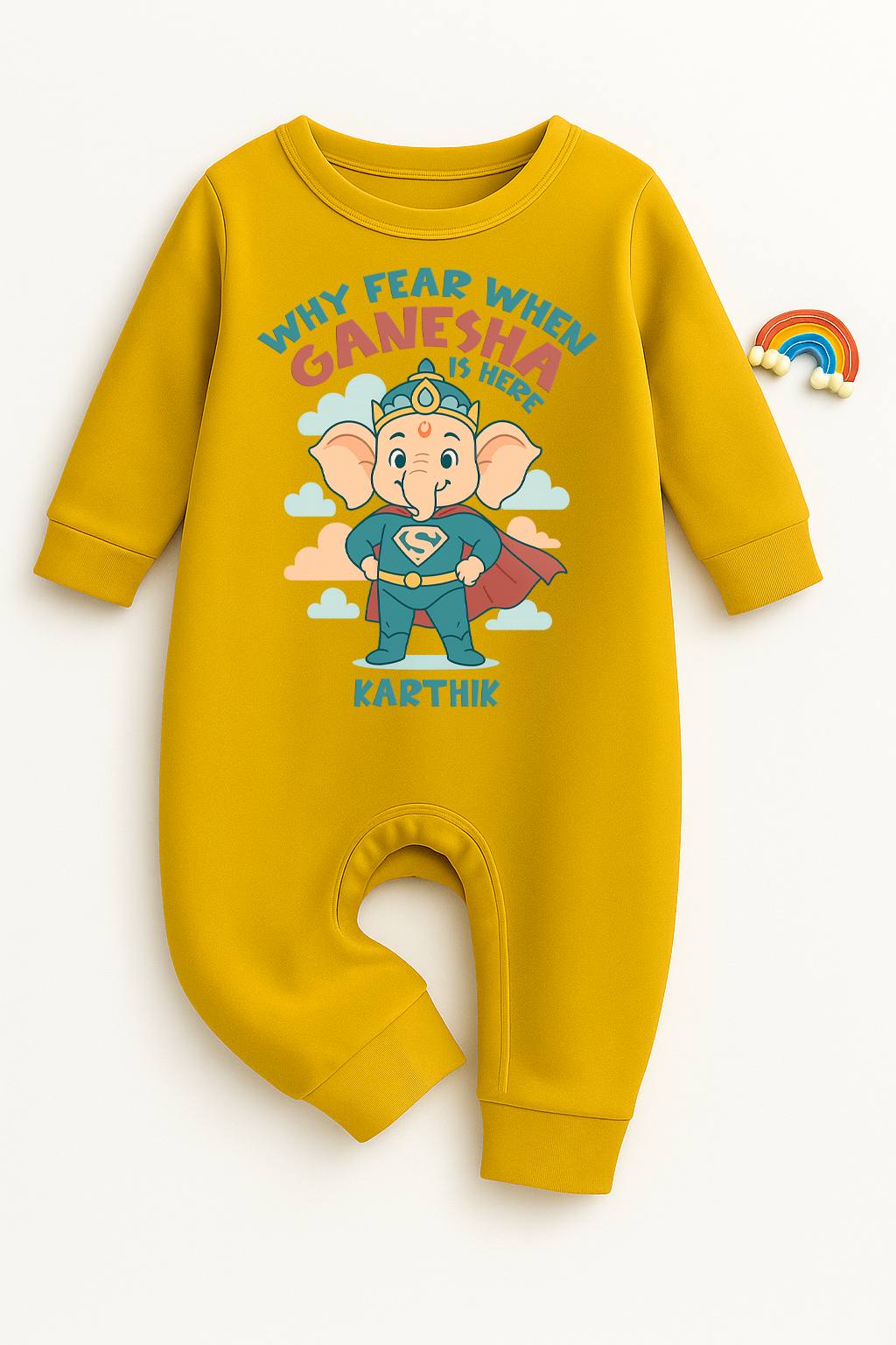 Why Fear When Ganesha Is Here with customised name_ Full Yellow Romper