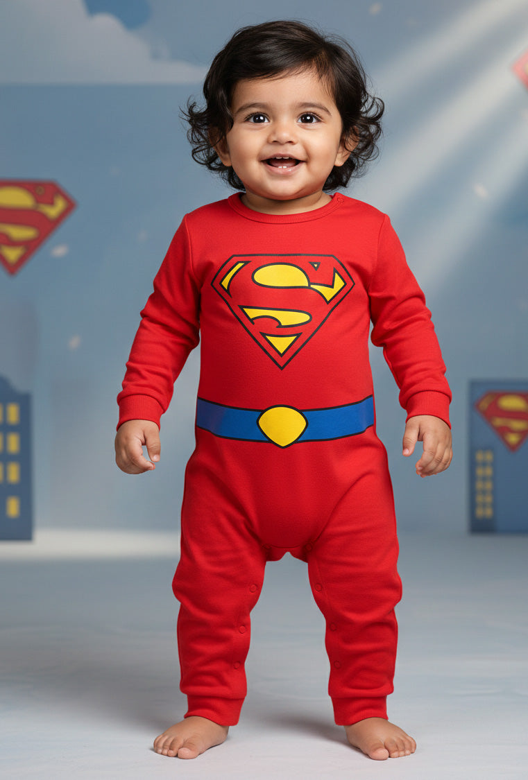 Cute Super Baby  Photoshoot Outfit With Customized Baby Name for Newborns & Infants | Soft Red Full Romper Cotton