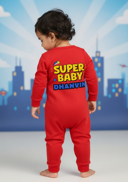 Cute Super Baby  Photoshoot Outfit With Customized Baby Name for Newborns & Infants | Soft Red Full Romper Cotton