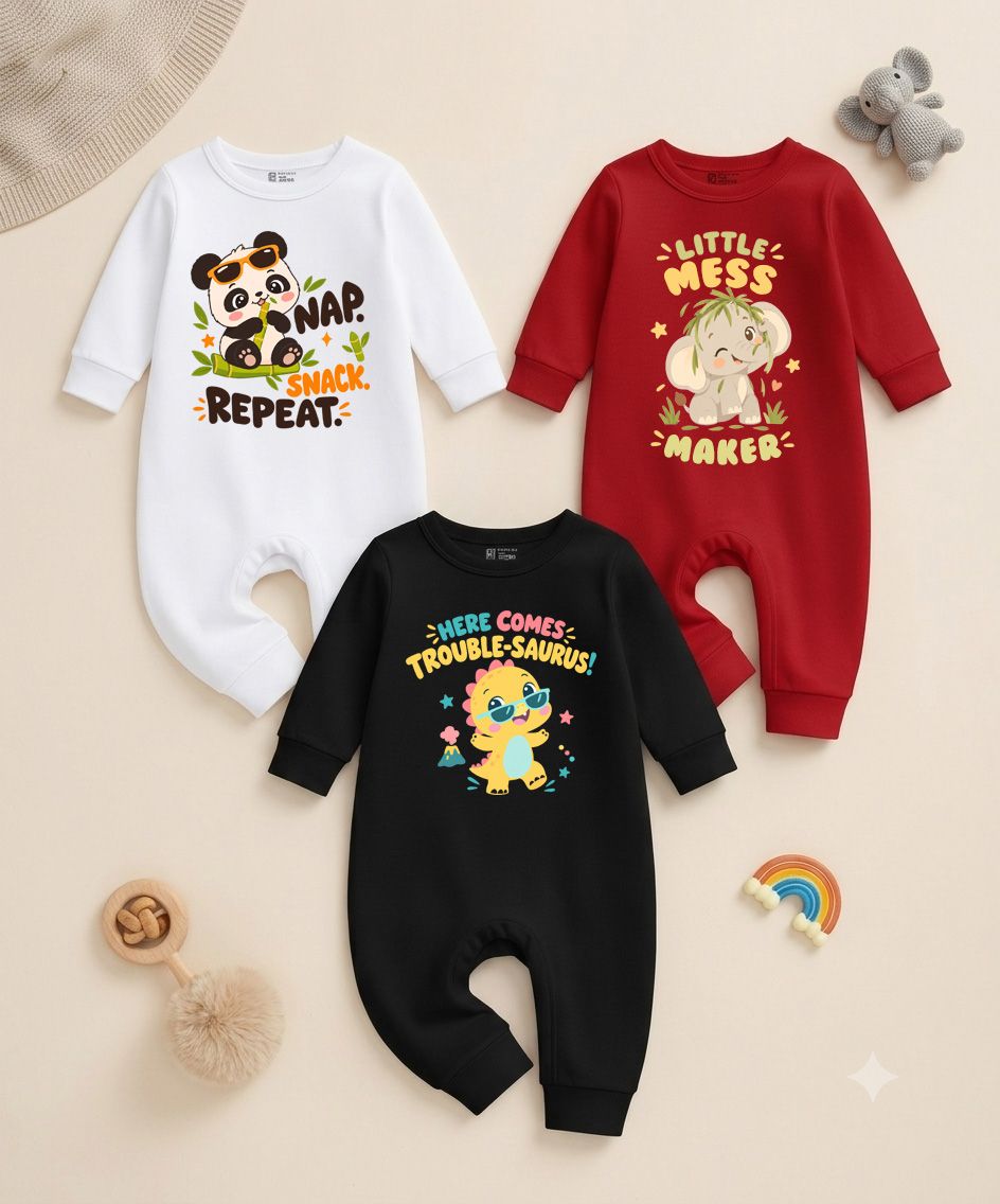 Karmikh Baby Romper Combo of 3 | Nap Snack Repeat, Little Mess Maker & Here Comes Trouble-Saurus | Full Sleeve Baby Rompers