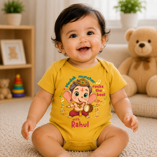 Modak Muncher Rocks The Beat with customised name_ Yellow Onesie