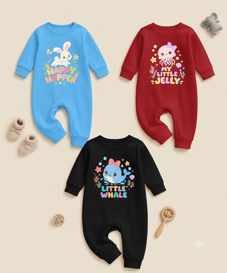 Karmikh Baby Romper Combo of 3 for Boys & Girls | Happy Hopper, My Little Jelly & Little Whale | Full Sleeve Printed Baby Rompers | Sizes 0–3M to 9–12M