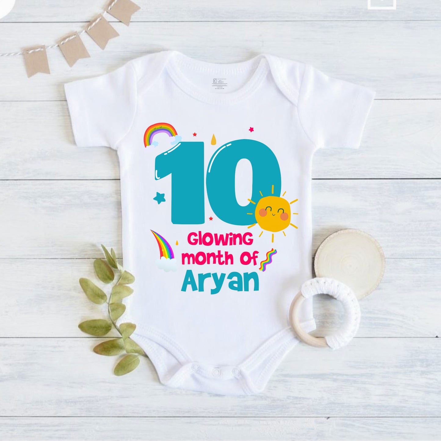 Infant monthly birthday with customized name 12 Months of Love and Happiness onesies