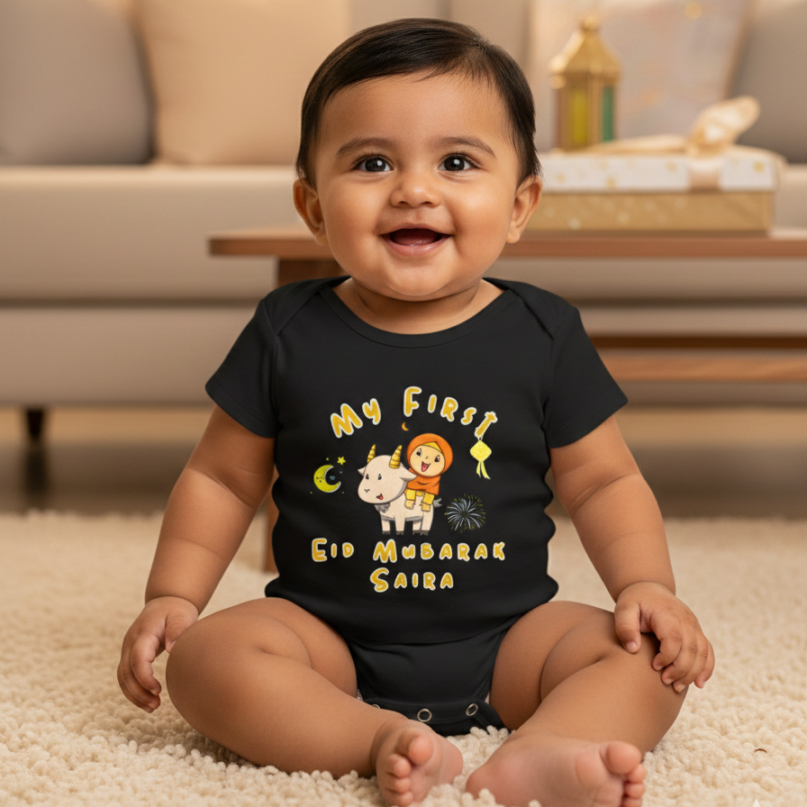 Newborn & Baby Clothing | Baby Blessed First Eid Mubarak Dress With Personalized Name | Soft Cotton