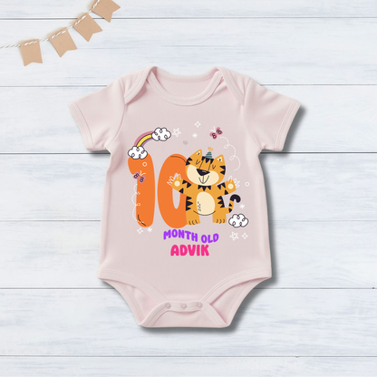 Infant monthly birthday 12 Months of Baby Tiger _ Customized name Pink Onesie