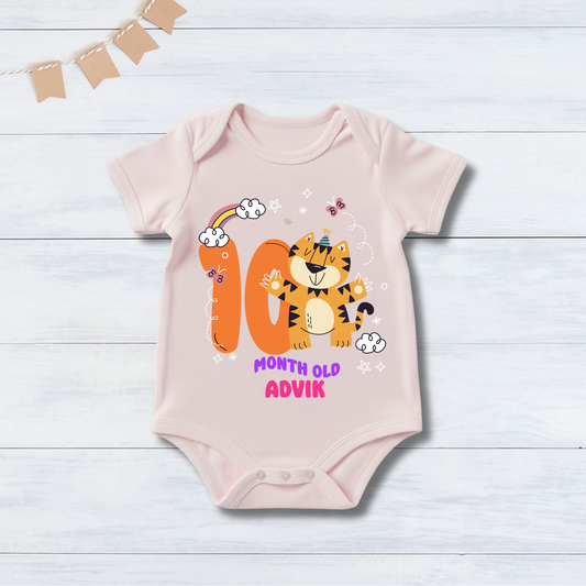 10th Infant monthly birthday Months of Baby Tiger _ Customized name Pink Onesie