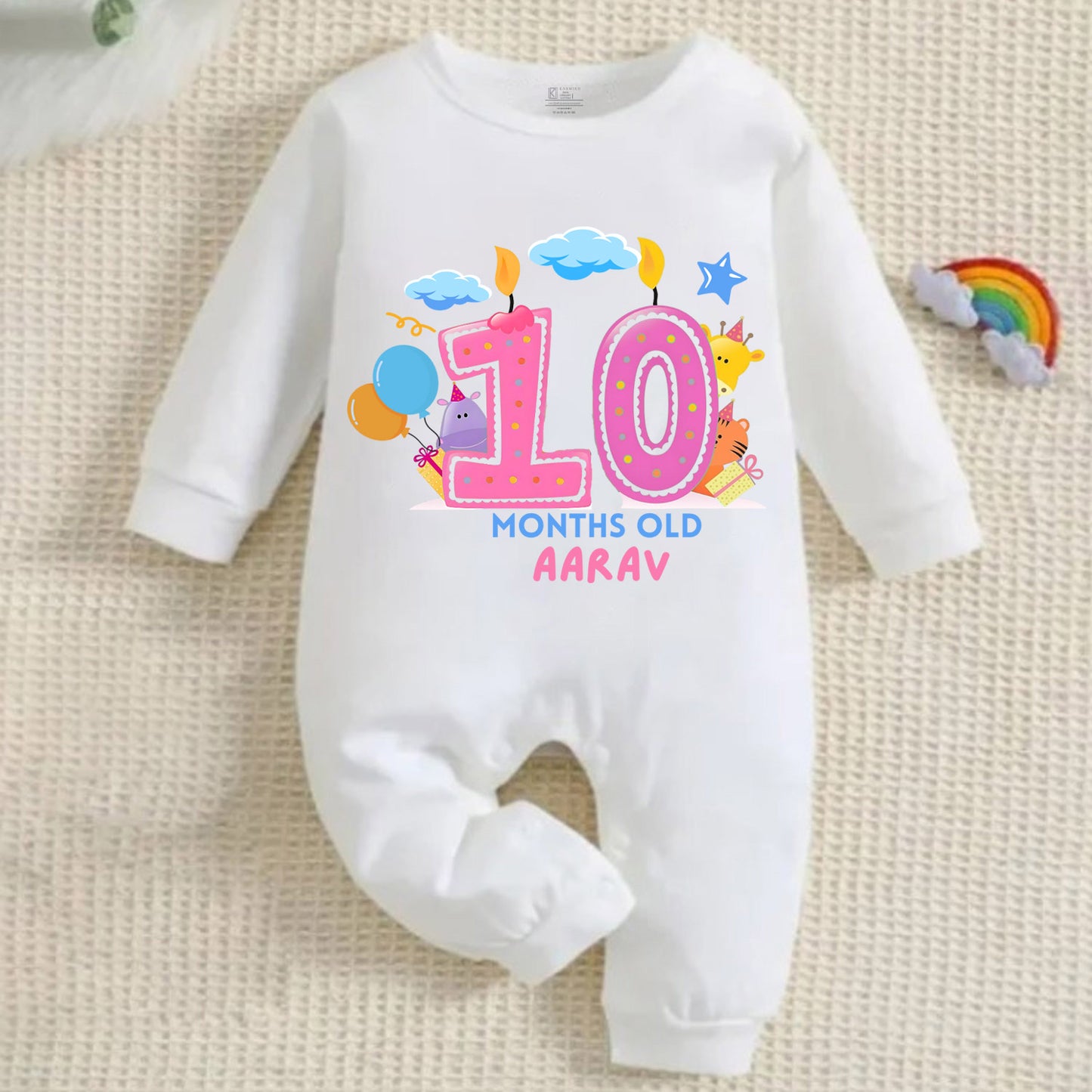 Infant monthly birthday 12 Months of Love Full White Onesie with customised baby name