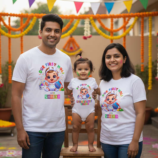 Matching My First Holi | Family T-Shirts With Mom & Dad Combo With Customized Baby Name  | Cotton Set