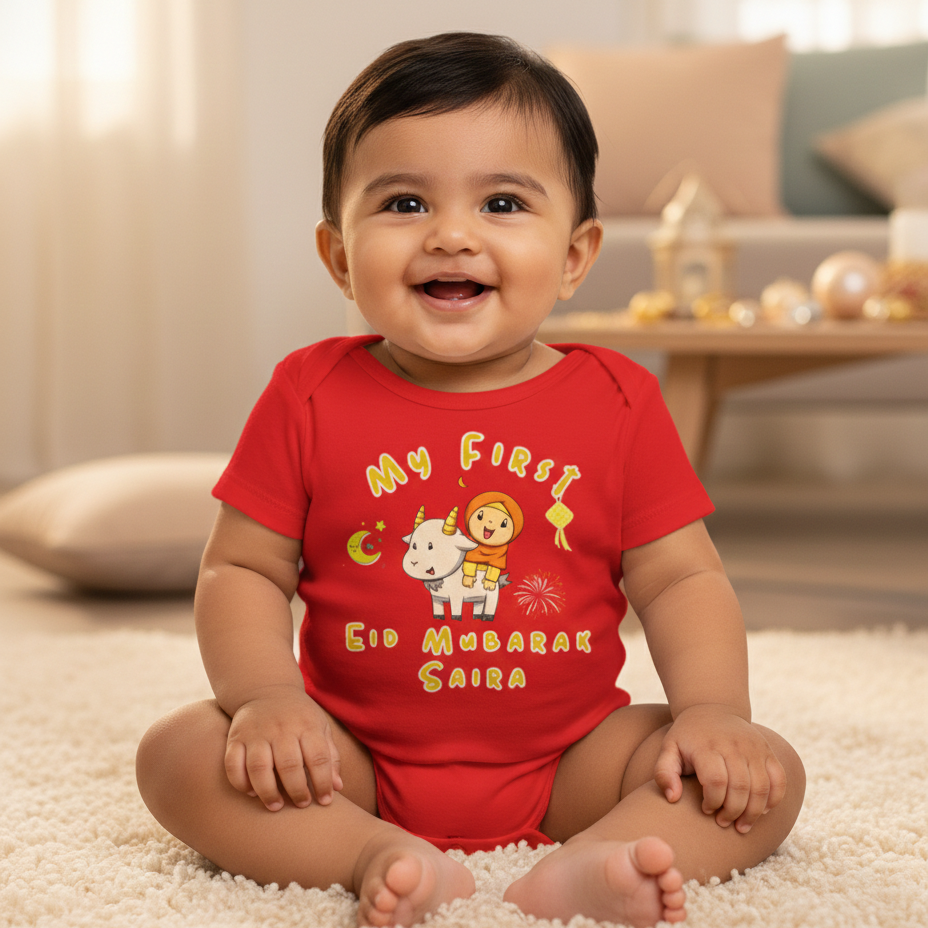 Newborn & Baby Clothing | Baby Blessed First Eid Mubarak Red Dress With Personalized Name | Soft Cotton