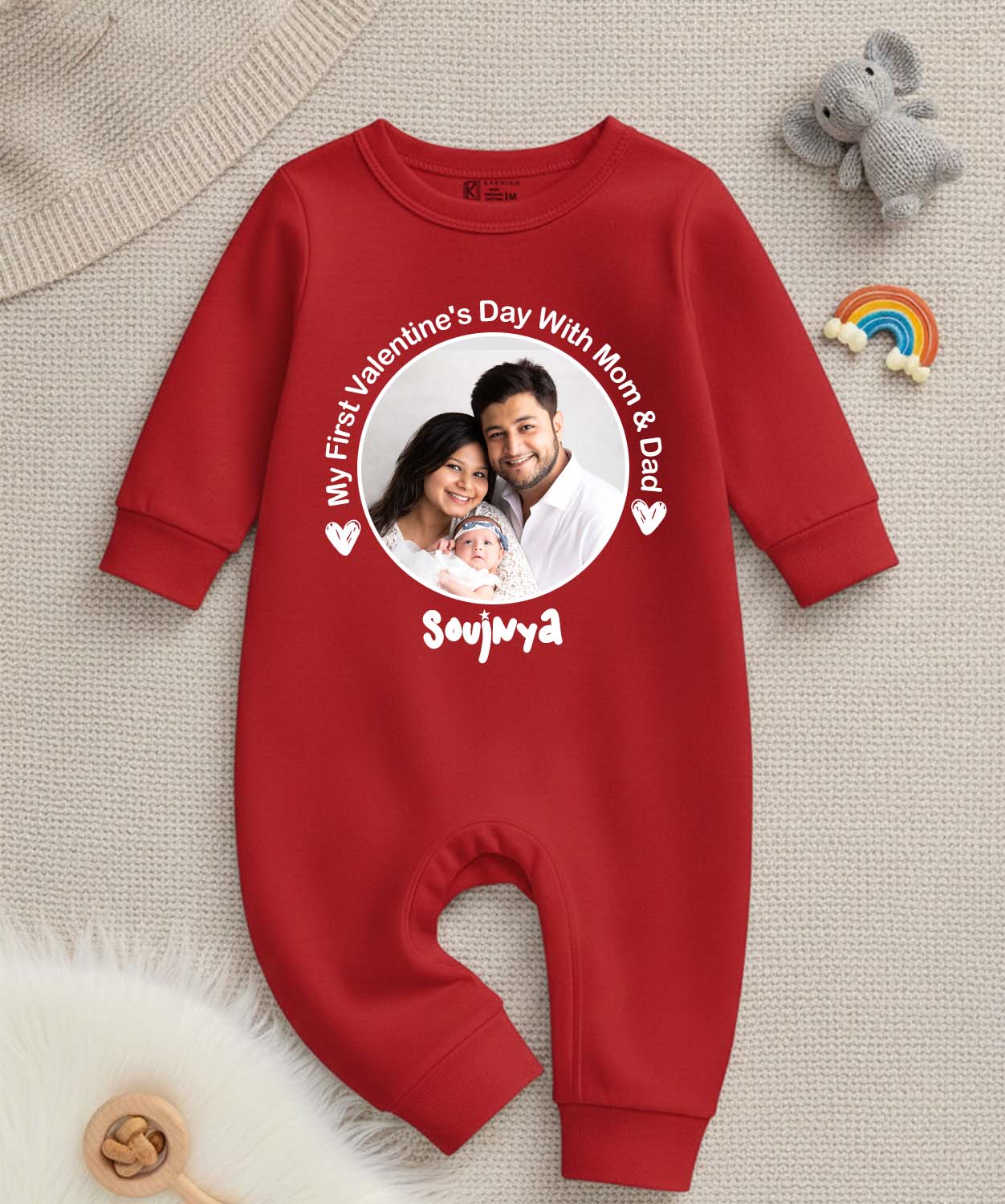 New Born & Baby Clothing | Baby’s First Valentine Outfit – With Mom & Dad With Image and Customizes Name Red Romper | Soft Cotton
