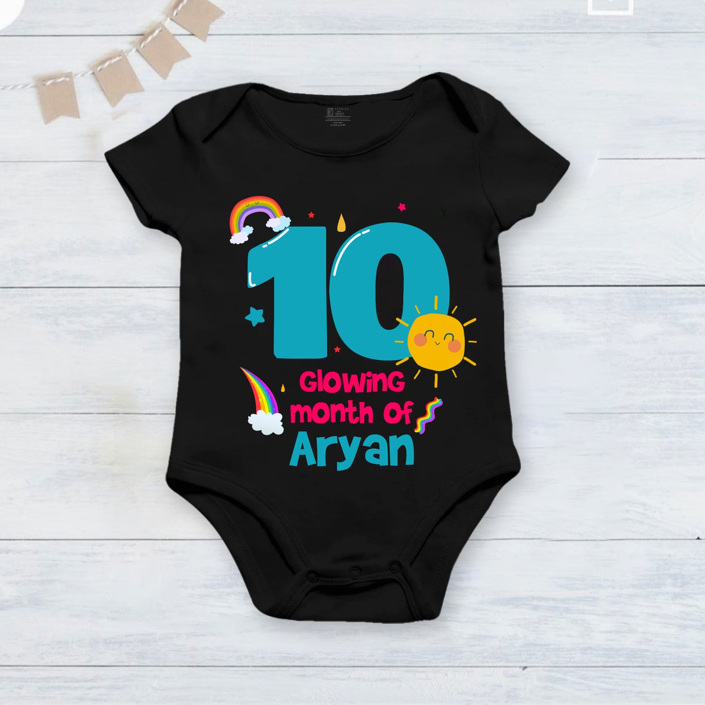 10th Infant monthly birthday_ With Customized Baby Boy's Name Stylish Black Onesies