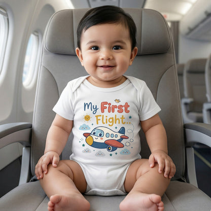 Karmikh My First Flight Baby Bodysuit | Airplane Print Short Sleeve Cotton Onesie for Newborn Boys & Girls | Cute Travel-Themed Baby Outfit | Sizes 0–3M to 9–12M