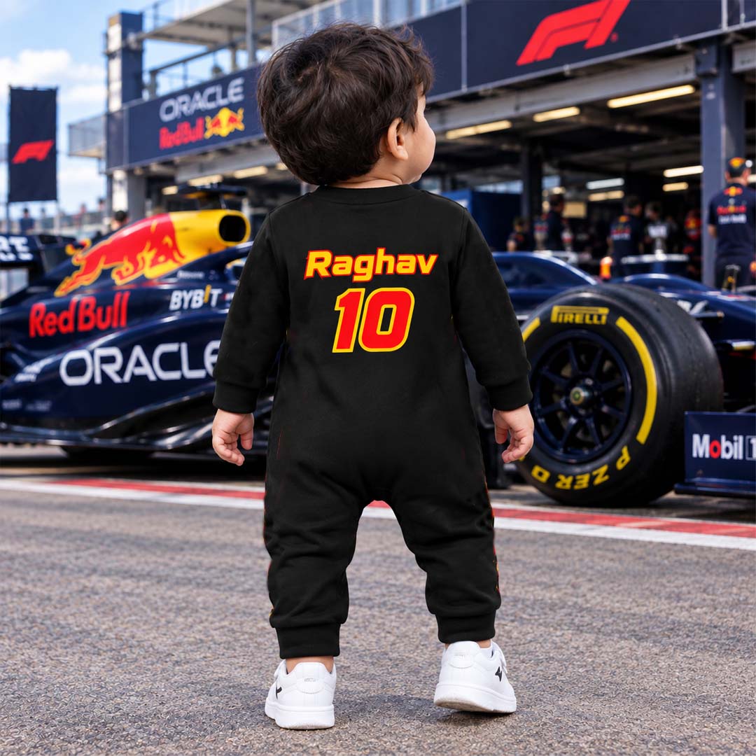 New Born & Baby clothing | Racing Rookie – Personalized Baby Romper with Customized Baby Name Printed | Soft Black Full Romper Cotton