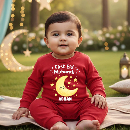 Newborn & Baby Clothing | Baby First Eid Mubarak Red Romper With Personalized Baby Name | Soft Cotton