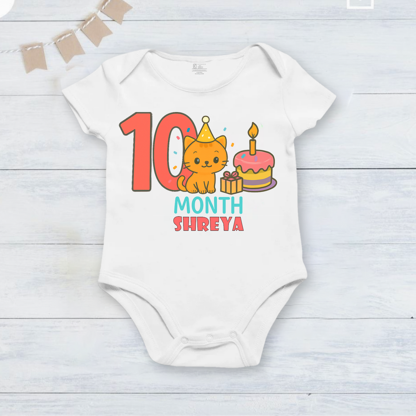 Infant monthly birthday 12 Months of Love cute cat design_ Customized name White Onesie