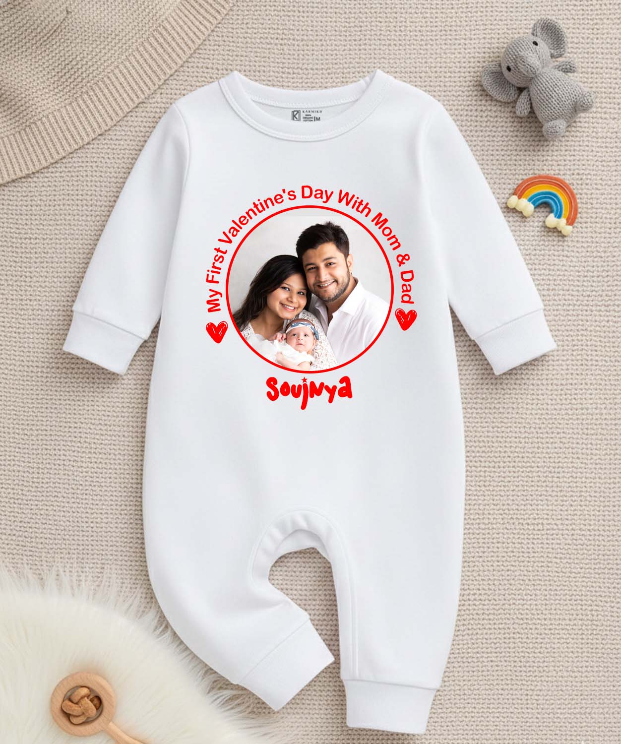 New Born & Baby Clothing | Baby’s First Valentine Outfit – With Mom & Dad With Image and Customizes Name | Soft Cotton