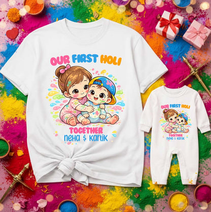 New Born & Baby Clothing | Our First Holi Together Siblings Twinning Holi Outfits With Customized Baby Name |  | Soft Cotton
