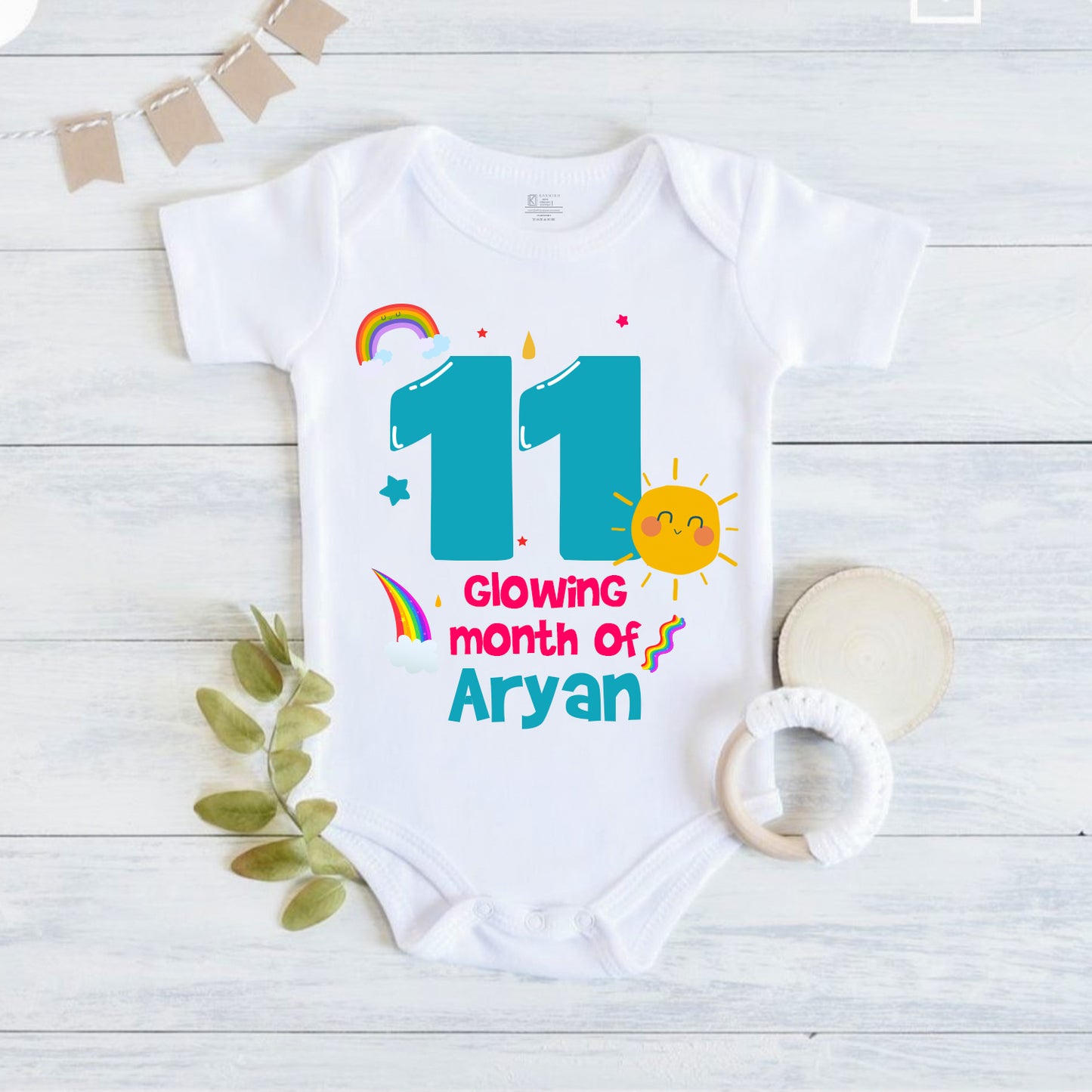 Infant monthly birthday with customized name 12 Months of Love and Happiness onesies