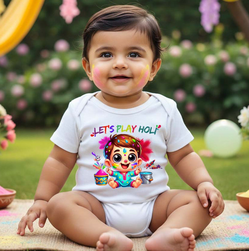 New Born & Baby Clothing | Baby Let's Play Holi Onesies | Soft Cotton