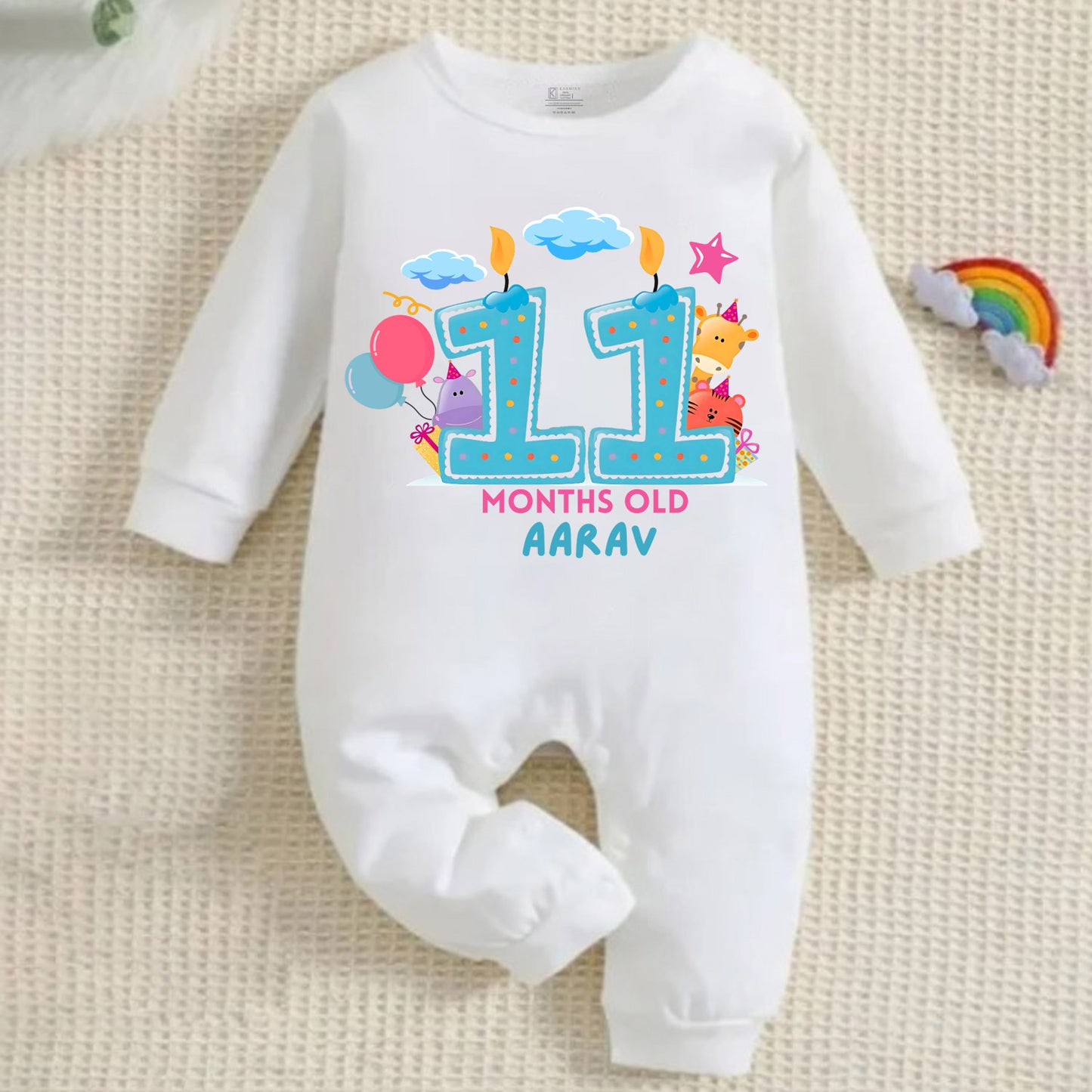 Infant monthly birthday 12 Months of Love Full White Onesie with customised baby name